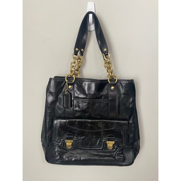 Vintage Y2K Coach Poppy Plushlock Tote, Black Leather - Picture 1 of 5